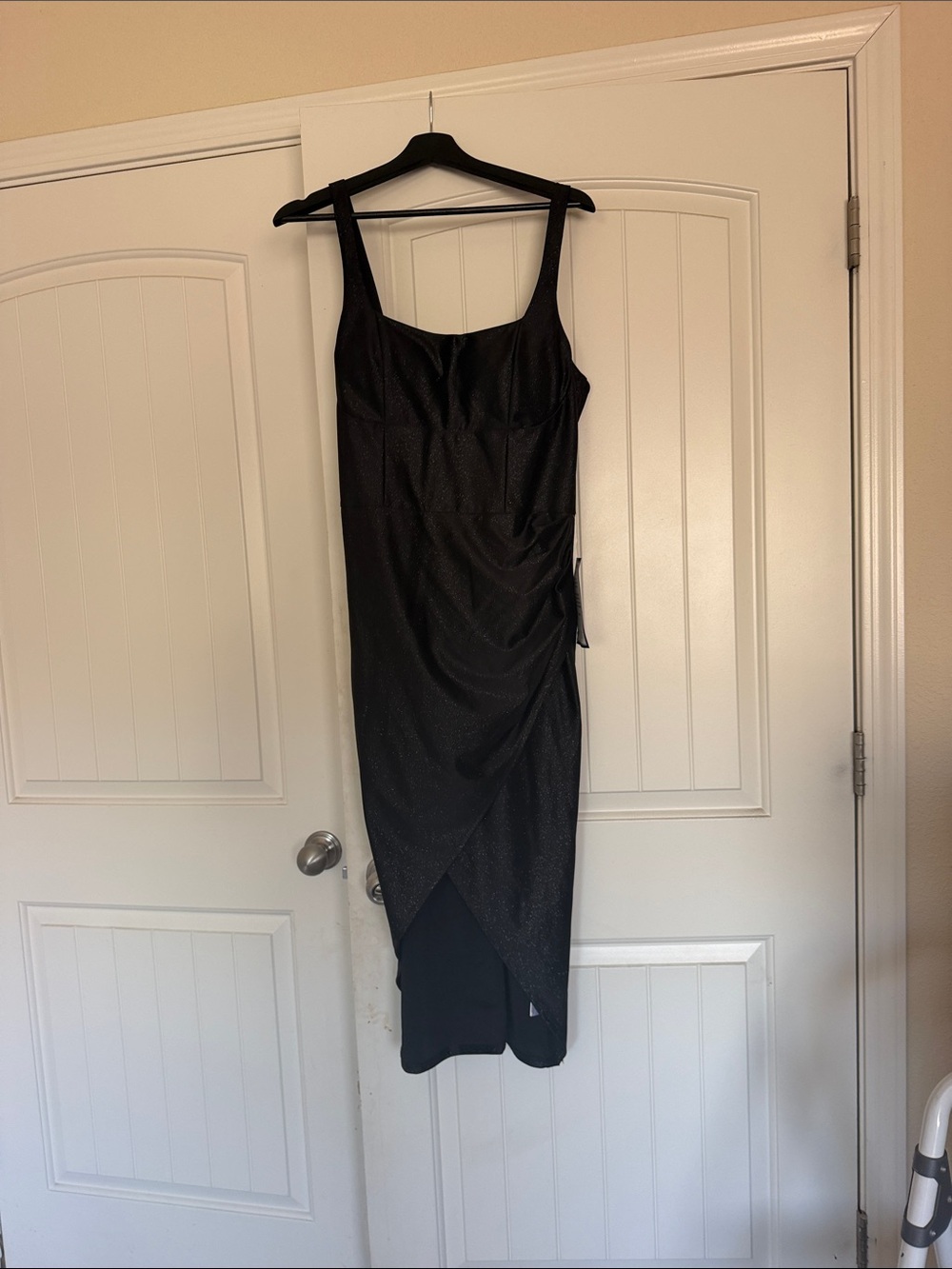 Emerald Sundae Black Sleeveless Ruched Wrap-Front Midi Dress